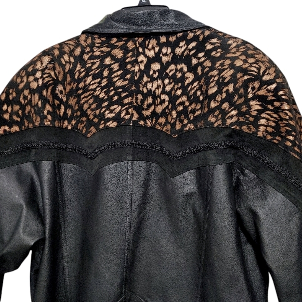 Vintage 80s JF J Ferrar Black Leopard Print Leather Suede Trench Coat Size Large - Picture 6 of 13